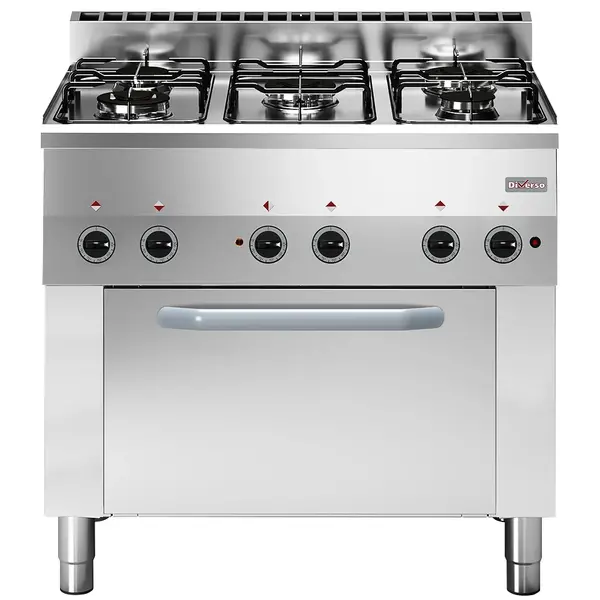Fornuis + Heteluchtoven | Gas/Elektrisch | 5 Branders (2x 2.8kW + 3x 3.3kW) + 1/1 GN Oven (3kW-230V) | Elektrische Ontsteking | 900x600x850(h)mm
