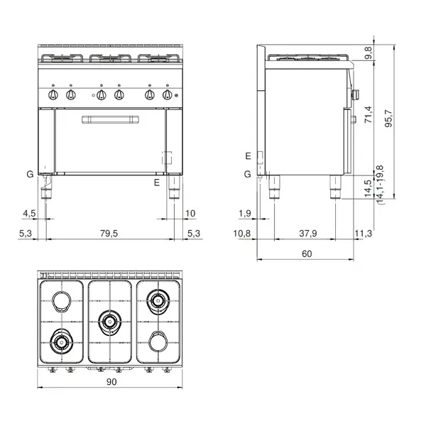 Fornuis + Heteluchtoven | Gas/Elektrisch | 5 Branders (2x 2.8kW + 3x 3.3kW) + 1/1 GN Oven (3kW-230V) | Elektrische Ontsteking | 900x600x850(h)mm