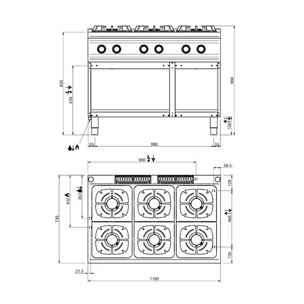 Fornuis | Gas | 6 Branders (6x 5.5kW) | Waakvlam | Open Onderkast | 1100x700x850(h)mm