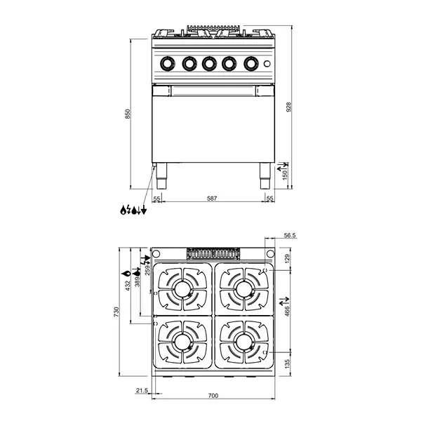 Fornuis + Oven | Gas | 4 Branders (4x 5.5kW) + 2/1 GN Oven (5.2kW) | Waakvlam | 700x700x850(h)mm