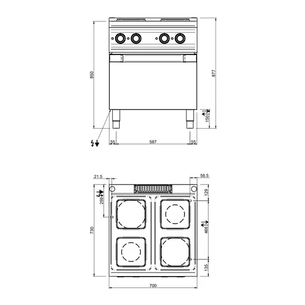 Fornuis + Oven | Elektrisch | 4 Kookpunten (Ø145/220) + 2/1 GN Oven (Grillfunctie) | 13.5kW | 700x700x850(h)mm
