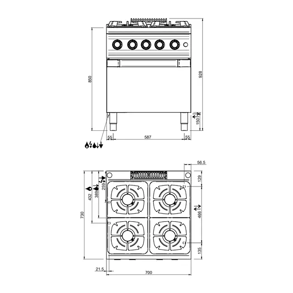 Fornuis + Heteluchtoven | Gas/Elektrisch | 4 Branders (4x 5.5kW) + 1/1 GN Oven (2.6kW-230V) | Waakvlam | 700x700x850(h)mm