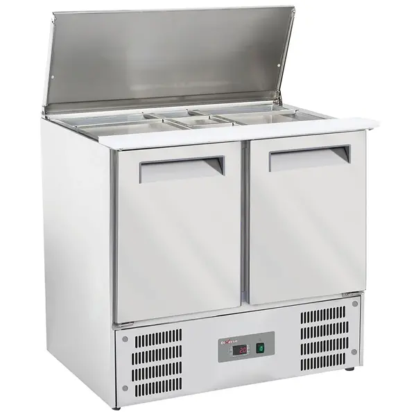 Saladette | 2 Deuren (1/1 GN) | Boven 2x 1/1 GN + 3x 1/6 GN | +2°C/+8°C | Statisch + Ventilator | Klapdeksel + Snijblad | 900x700x850(h)mm