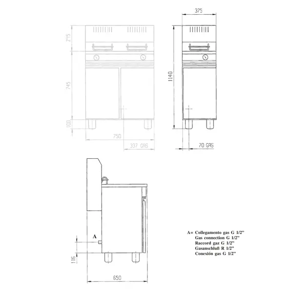 Friteuse | Gas | 15L | 110°C/190°C | 12.5kW | Piëzo Ontsteking | Aftapkraan | 375x650x845/1010(h)mm
