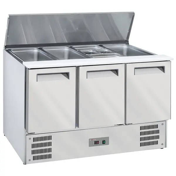 Saladette | 3 Deuren (1/1 GN) | Boven 4x 1/1 GN | +2°C/+8°C | Statisch + Ventilator | Klapdeksel + Snijblad | 1365x700x850(h)mm