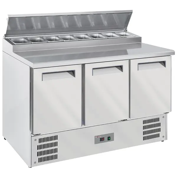 Saladette | 3 Deuren (1/1 GN) | Boven 8x 1/6 GN | +2°C/+8°C | Statisch + Ventilator | Klapdeksel | 1365x700x850(h)mm