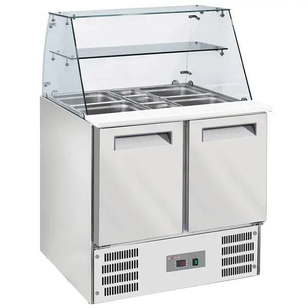 Saladette | 2 Deuren (1/1 GN) | Boven 2x 1/1 GN + 3x 1/6 GN | +2°C/+8°C | Statisch + Ventilator | Glasopzet + Snijblad | 900x700x850(h)mm