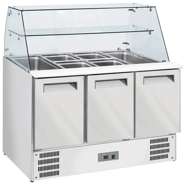 Saladette | 3 Deuren (1/1 GN) | Boven 4x 1/1 GN | +2°C/+8°C | Statisch + Ventilator | Glasopzet + Snijblad | 1365x700x850(h)mm