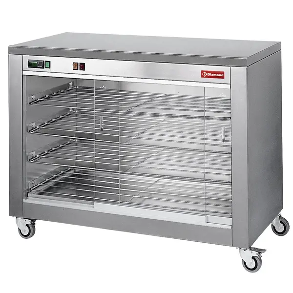 Warmhoud-Onderkast | (Diverso by) Diamond Kippengrills | RVS | 60°C/90°C | 2kW (230V) | Schuifdeuren (Glas) + 4 Niveaus | Wielen (Geremd) | 1098x480x840(h)mm