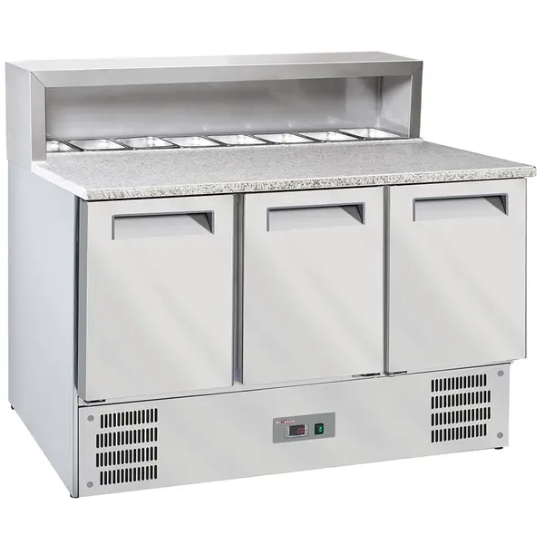 Pizzawerkbank | 3 Deuren (1/1 GN) | Boven 8x 1/6 GN | +2°C/+8°C | Statisch + Ventilator | 1365x700x850(h)mm