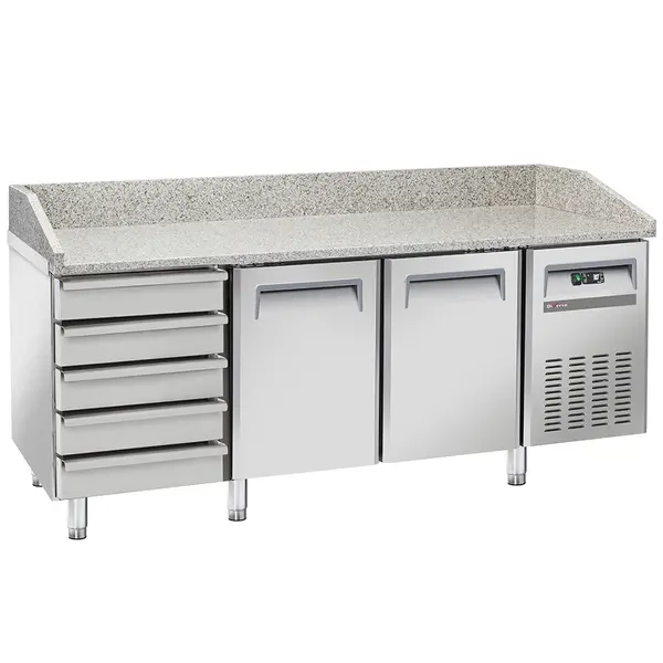 Pizzawerkbank | 2 Deuren + 5 Deegladen (EN600x400) | -2°C/+8°C | Geforceerd | Wielen (Geremd) | 2025x800x1040(h)mm