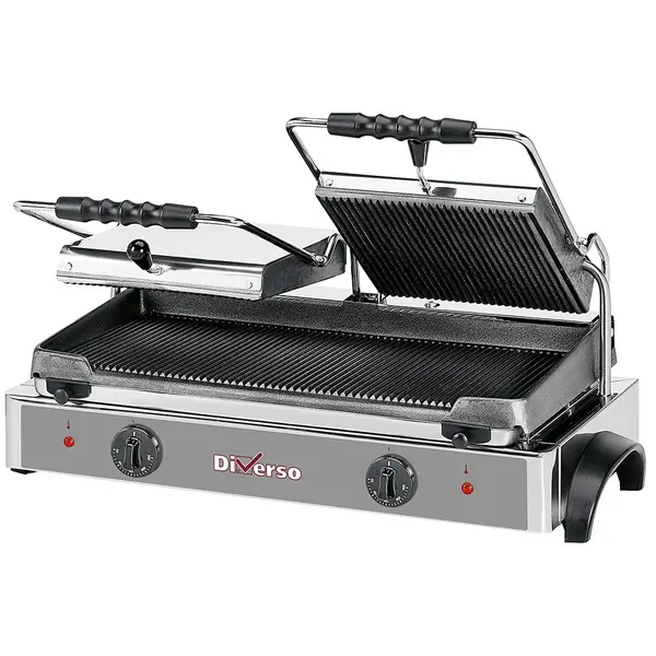 Contact-/Paninigrill | Dubbel | Gegroefd Oppervlak 550x255 (Gietijzer) | ≤250°C | 3.6kW (230V) | 620x435x240(h)mm