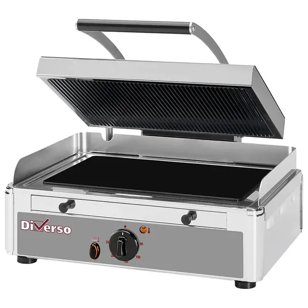 Contact-/Paninigrill | Enkel | Glad/Gegroefd Oppervlak 370x250 (Keramisch) | 20°C/300°C | 3kW (230V) | 470x445x245(h)mm
