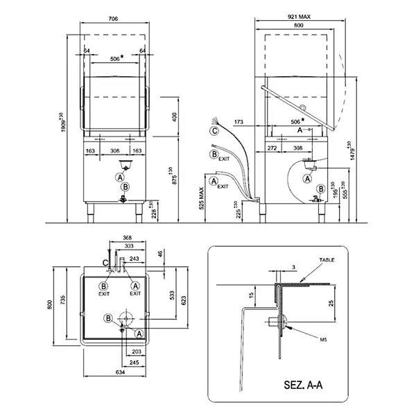 Doorschuifvaatwasser | Mand 500x500 | Naglanspomp | 400V | 635x745x1480/1960(h)mm