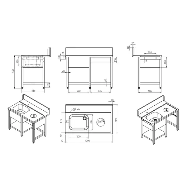 Aanvoertafel (Rechts) | RVS | 1 Spoelbak (Links) + Afvalgat | Bodemschap | Achteropstand | 1200x770x850/1050(h)mm