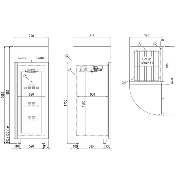 Koelkast | MASTER | Energiezuinig | 601L (2/1 GN) | RVS | 0°C/+10°C | Geforceerd | WiFi + App | 740x815x2085(h)mm