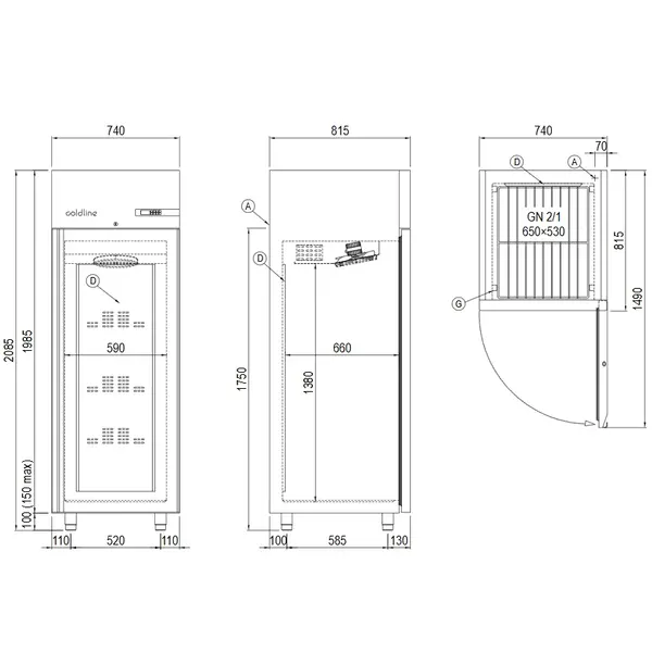 Koelkast | MASTER | Energiezuinig | 601L (2/1 GN) | RVS | -2°C/+8°C | Geforceerd | WiFi + App | 740x815x2085(h)mm