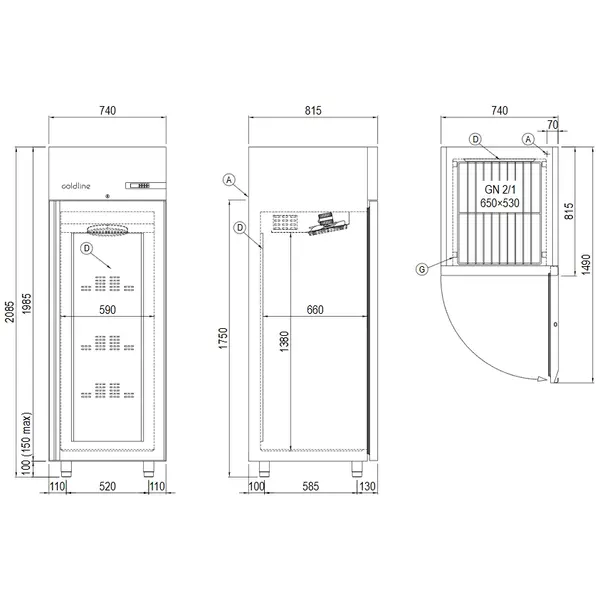 Koelkast | MASTER | 601L (2/1 GN) | RVS | -2°C/+8°C | Geforceerd | WiFi + App | 740x815x2085(h)mm