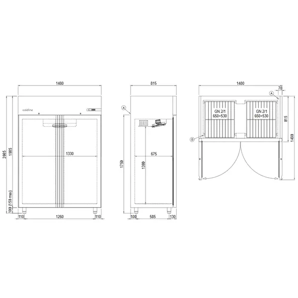 Koelkast | MASTER | 1356L (2/1 GN) | RVS | 0°C/+10°C | Geforceerd | WiFi + App | 1480x815x2085(h)mm