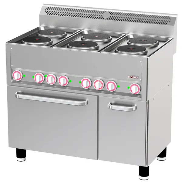 Fornuis + Heteluchtoven | COOKING LINE 600 | Elektrisch | 6 Kookpunten (Ø180) + 1/1 GN Oven | 15.13kW (400V) | Neutraal Vak | 990x600x890/1035(h)mm