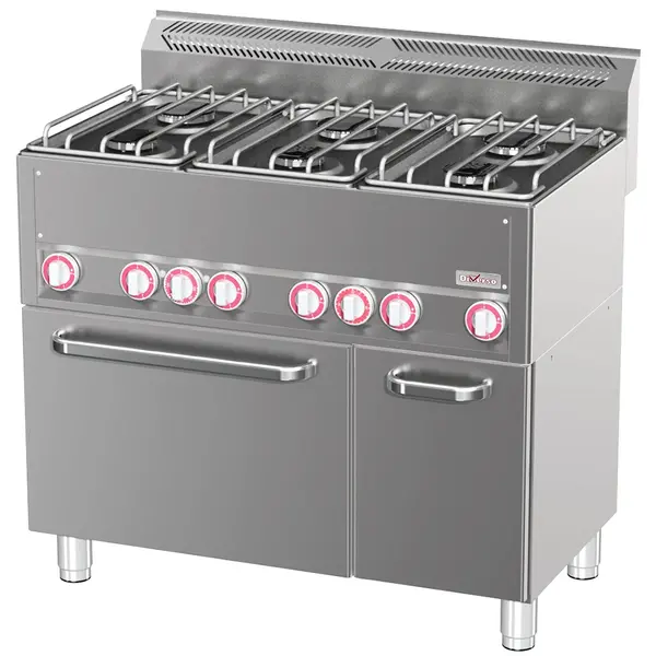 Fornuis + Heteluchtoven | COOKING LINE 600 | Gas/Elektrisch | 6 Branders (3x 3kW + 3x 3.6kW) + 1/1 GN Oven (3.13kW-230V) | Neutraal Vak | 990x600x890/1035(h)mm