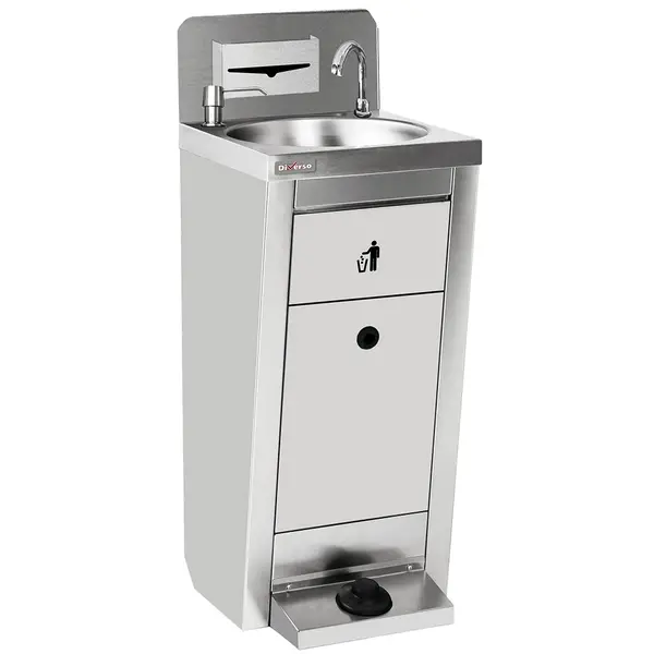 Mobiele Handwastafel | RVS | Schoon-/Vuilwaterreservoirs (2x 10L) | Voetbediening | Incl. Afvalvak + Zeep-/Papierdispensers | Wielen | 400x402x840/1112(h)mm