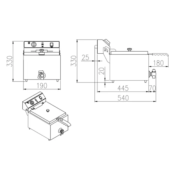 Friteuse | Elektrisch | 4L | 60°C/200°C | 2kW (230V) | Aftapkraan | 190x540x330(h)mm