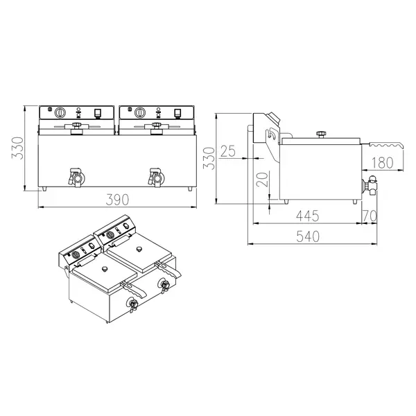 Friteuse | Elektrisch | 4+4L | 60°C/200°C | 4kW (2x 230V) | Aftapkranen | 390x540x330(h)mm