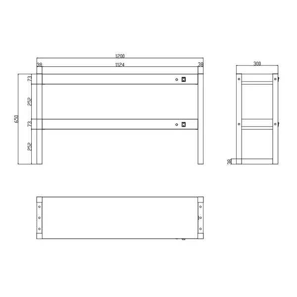 Etagère/Warmtebrug | RVS | 2 Niveaus | Verwarmd (Halogeen) | 60°C/70°C | 1.8kW (2x 230V) | 1200x300x650(h)mm