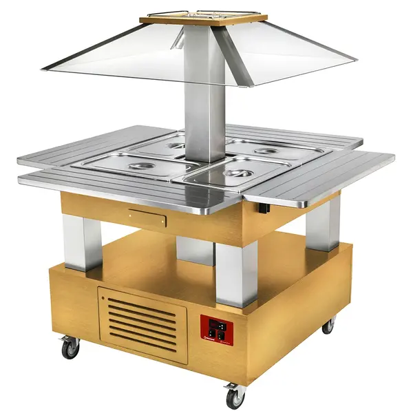 Gekoeld Buffet | GOURMET LINE | Hout/RVS | 4x 1/1 GN | +2°C/+10°C | Statisch | Verlichte Kap | Wielen (Geremd) | 1435x1435x1540(h)mm