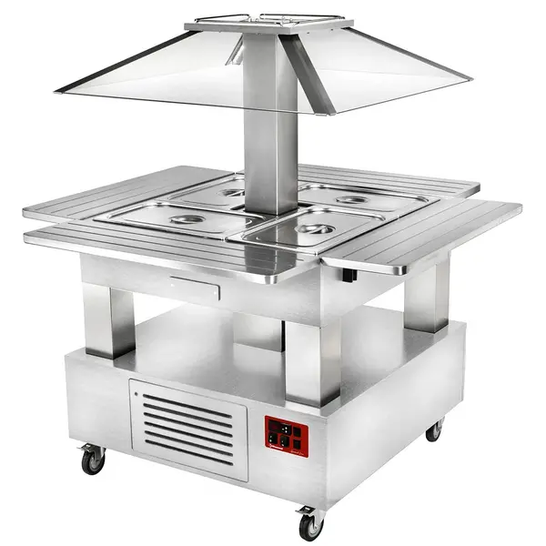 Gekoeld Buffet | GOURMET LINE | Hout/RVS | 4x 1/1 GN | +2°C/+10°C | Statisch | Automatische Liftkap (Verlicht) | Wielen (Geremd) | 1435x1435x1540(h)mm