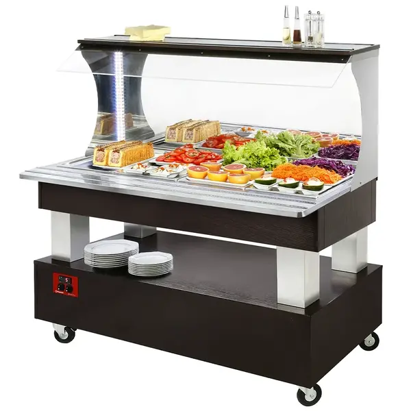 Gekoeld Buffet | GOURMET LINE | Hout/RVS | 4x 1/1 GN | +2°C/+10°C | Statisch | Verlichte Kap | Wielen (Geremd) | 1495x835x1405(h)mm