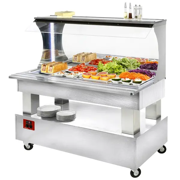 Gekoeld Buffet | GOURMET LINE | Hout/RVS | 4x 1/1 GN | +2°C/+10°C | Statisch | Verlichte Kap | Wielen (Geremd) | 1495x835x1405(h)mm