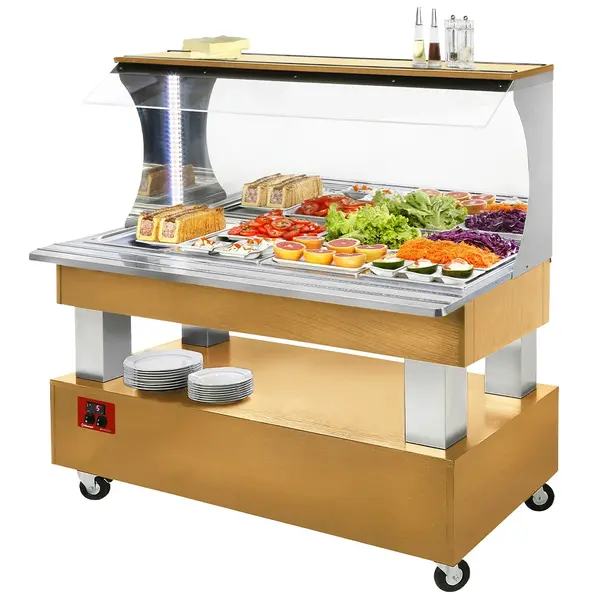 Gekoeld Buffet | GOURMET LINE | Hout/RVS | 4x 1/1 GN | +2°C/+10°C | Statisch | Verlichte Kap | Wielen (Geremd) | 1495x835x1405(h)mm