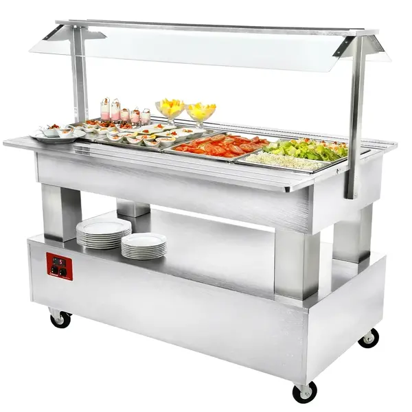 Gekoeld Buffet | GOURMET LINE | Hout/RVS | 4x 1/1 GN | +2°C/+10°C | Statisch | Verlichte Kap | Wielen (Geremd) | 1440x950x1370(h)mm