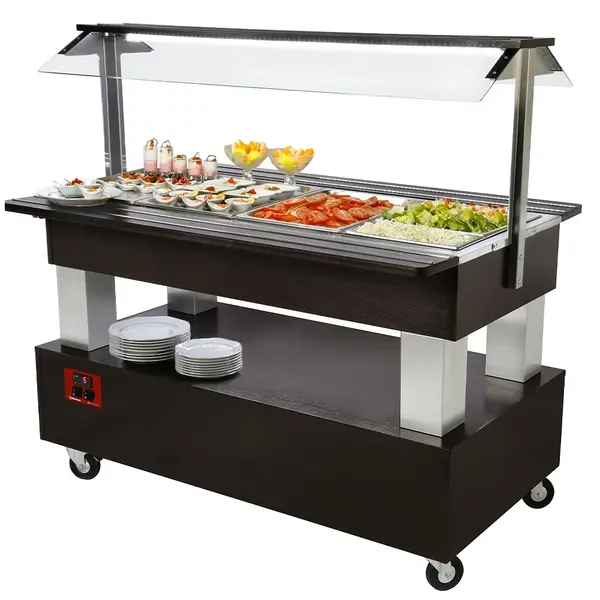 Gekoeld Buffet | GOURMET LINE | Hout/RVS | 4x 1/1 GN | +2°C/+10°C | Statisch | Verlichte Kap | Wielen (Geremd) | 1440x950x1370(h)mm
