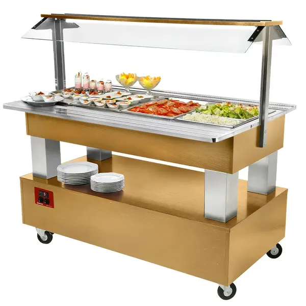 Gekoeld Buffet | GOURMET LINE | Hout/RVS | 4x 1/1 GN | +2°C/+10°C | Statisch | Verlichte Kap | Wielen (Geremd) | 1440x950x1370(h)mm