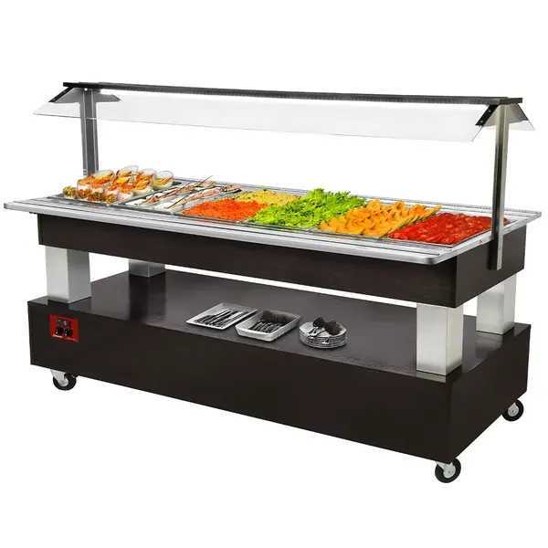 Gekoeld Buffet | GOURMET LINE | Hout/RVS | 6x 1/1 GN | +2°C/+10°C | Statisch | Verlichte Kap | Wielen (Geremd) | 2070x950x1370(h)mm