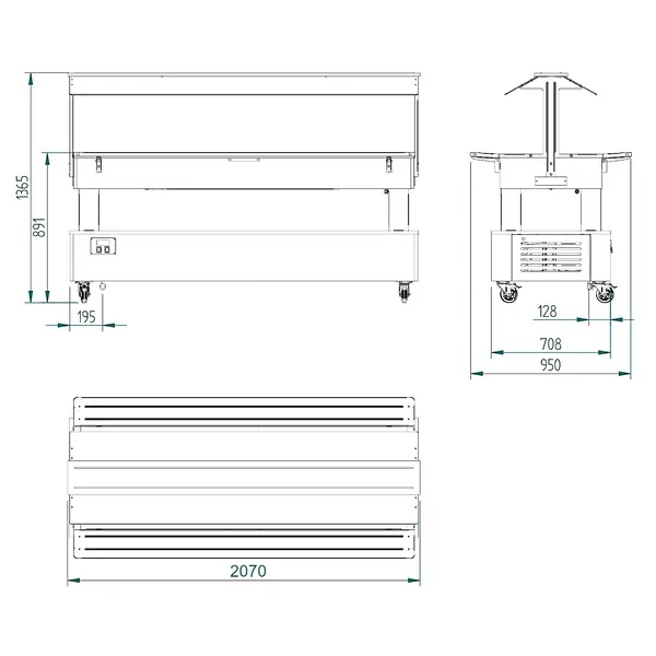Gekoeld Buffet | GOURMET LINE | Hout/RVS | 6x 1/1 GN | +2°C/+10°C | Statisch | Verlichte Kap | Wielen (Geremd) | 2070x950x1370(h)mm