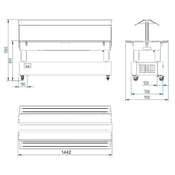 Verwarmd Buffet | GOURMET LINE | Hout/RVS | 4x 1/1 GN | 20°C/90°C | Bain-Marie | Verlichte Kap | Wielen (Geremd) | 1440x950x1370(h)mm