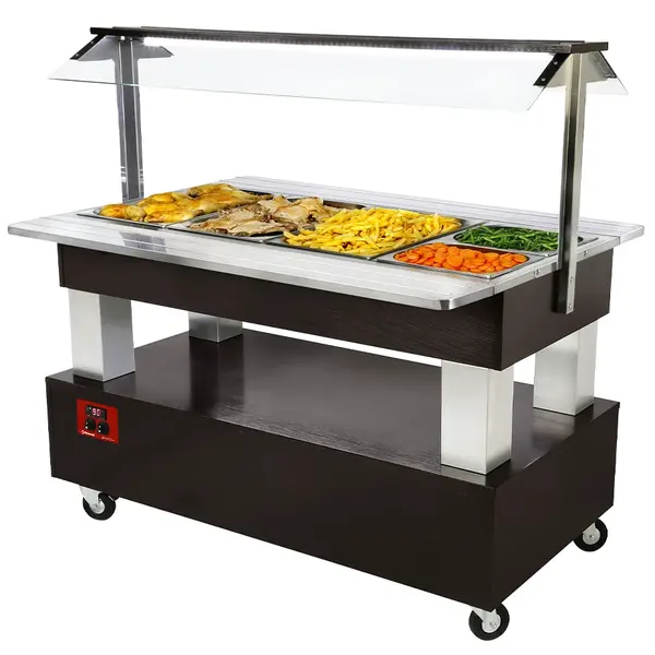 Verwarmd Buffet | GOURMET LINE | Hout/RVS | 4x 1/1 GN | 20°C/90°C | Bain-Marie | Verlichte Kap | Wielen (Geremd) | 1440x950x1370(h)mm