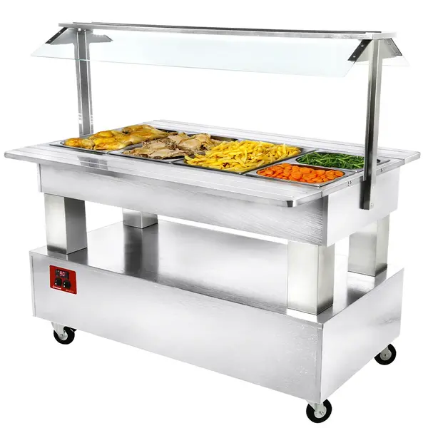 Verwarmd Buffet | GOURMET LINE | Hout/RVS | 4x 1/1 GN | 20°C/90°C | Bain-Marie | Verlichte Kap | Wielen (Geremd) | 1440x950x1370(h)mm