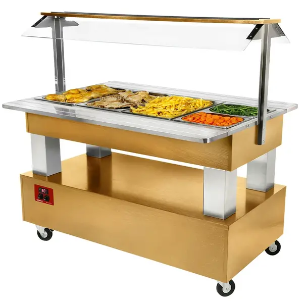 Verwarmd Buffet | GOURMET LINE | Hout/RVS | 4x 1/1 GN | 20°C/90°C | Bain-Marie | Verlichte Kap | Wielen (Geremd) | 1440x950x1370(h)mm