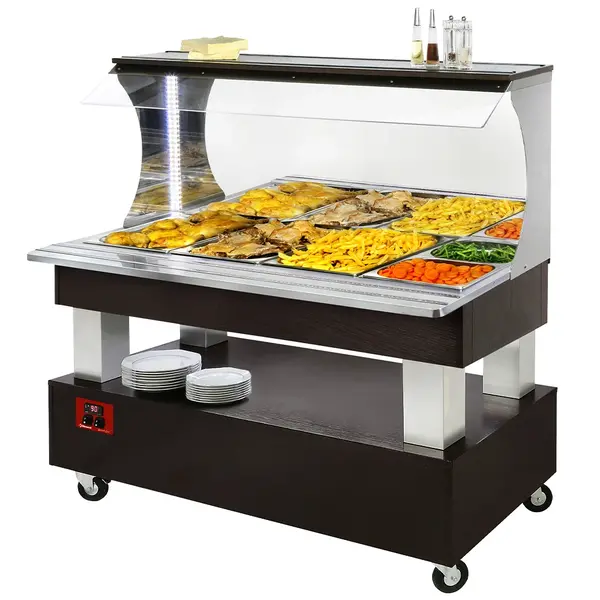 Verwarmd Buffet | GOURMET LINE | Hout/RVS | 4x 1/1 GN | 20°C/90°C | Bain-Marie | Verlichte Kap | Wielen (Geremd) | 1495x835x1405(h)mm