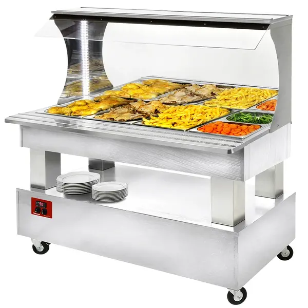 Verwarmd Buffet | GOURMET LINE | Hout/RVS | 4x 1/1 GN | 20°C/90°C | Bain-Marie | Verlichte Kap | Wielen (Geremd) | 1495x835x1405(h)mm