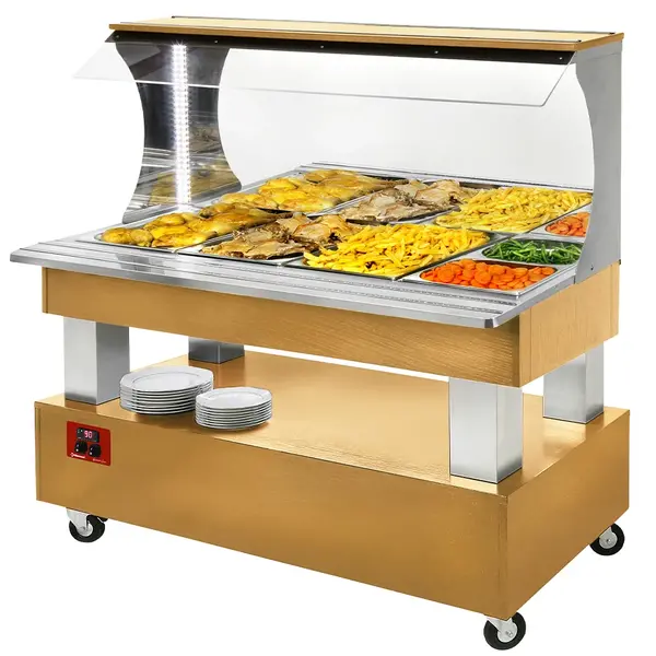 Verwarmd Buffet | GOURMET LINE | Hout/RVS | 4x 1/1 GN | 20°C/90°C | Bain-Marie | Verlichte Kap | Wielen (Geremd) | 1495x835x1405(h)mm