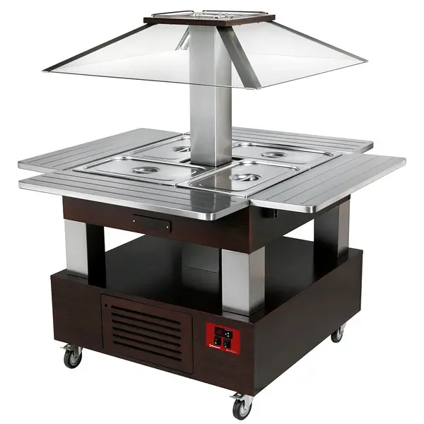 Verwarmd Buffet | GOURMET LINE | Hout/RVS | 4x 1/1 GN | 20°C/90°C | Bain-Marie | Automatische Liftkap (Verlicht) | Wielen (Geremd) | 1435x1435x1540(h)mm