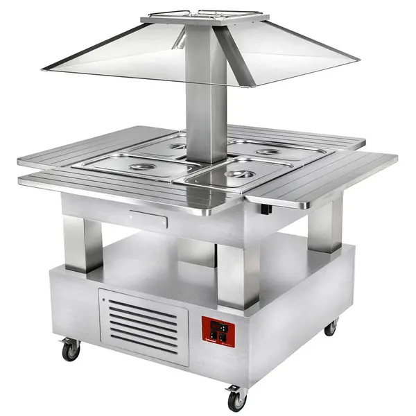 Verwarmd Buffet | GOURMET LINE | Hout/RVS | 4x 1/1 GN | 20°C/90°C | Bain-Marie | Automatische Liftkap (Verlicht) | Wielen (Geremd) | 1435x1435x1540(h)mm