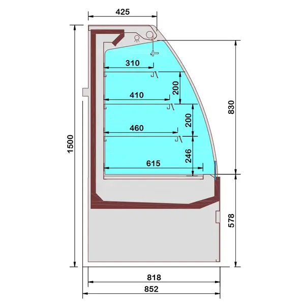 Wandkoeling | RIMINI LINE | Zwart | +1°C/+7°C | Statisch + Ventilator | Open | Intern Nachtgordijn | 2562x852x1500(h)mm