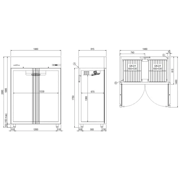 Koelkast | SMART | 1356L (2/1 GN) | RVS | 0°C/+10°C | Geforceerd | WiFi + App | 1480x815x2085(h)mm